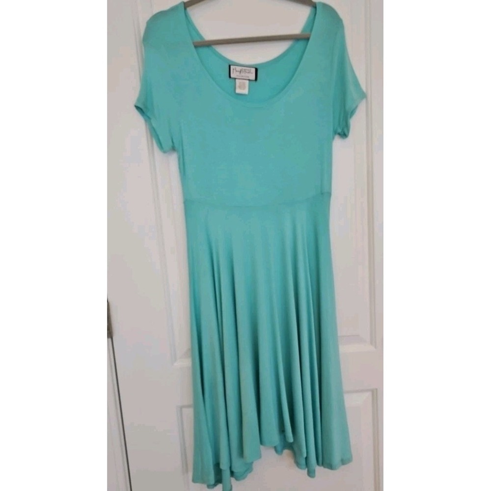 Mary McFadden Turquoise Handkerchief Hem Midi Dress Aqua Short Sleeve Large‎